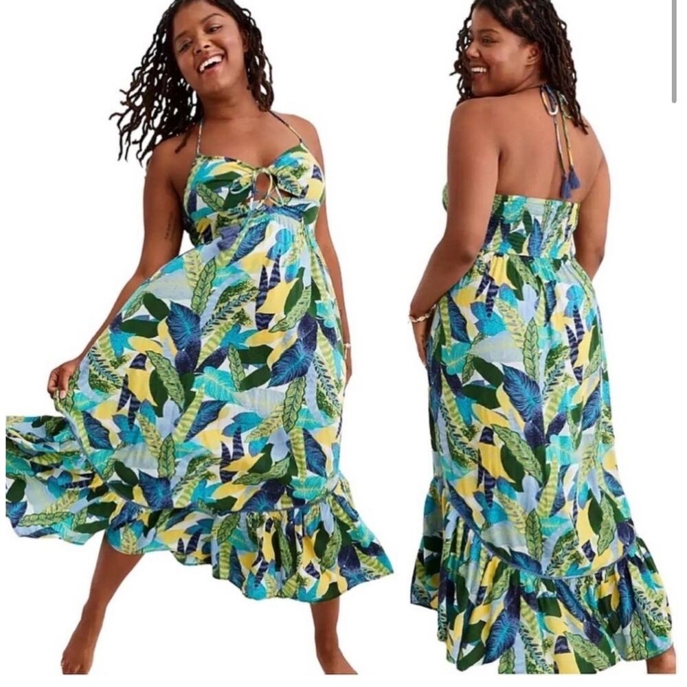 Aerie Dress Halter Maxi Tropical Leaf Vacation Summer Beach Size Small